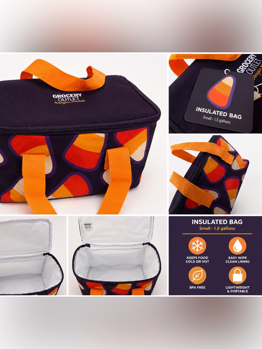 Grocery Outlet Insulated Lunch Bag in Orange & Purple Candy Corn Print